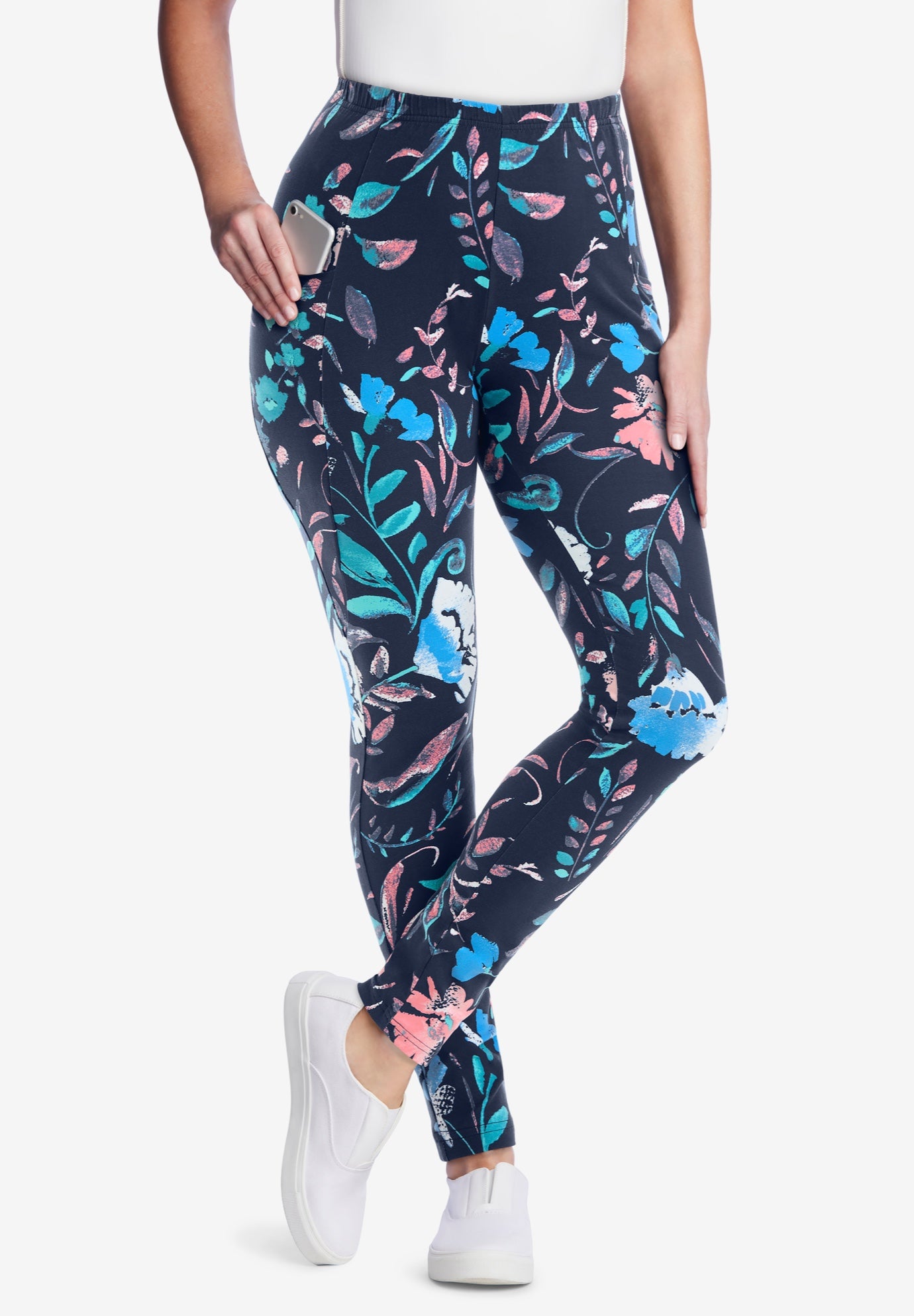 Side Pocket Ankle-Length Pull-On Stretch Knit Cotton Spandex Leggings image number 0