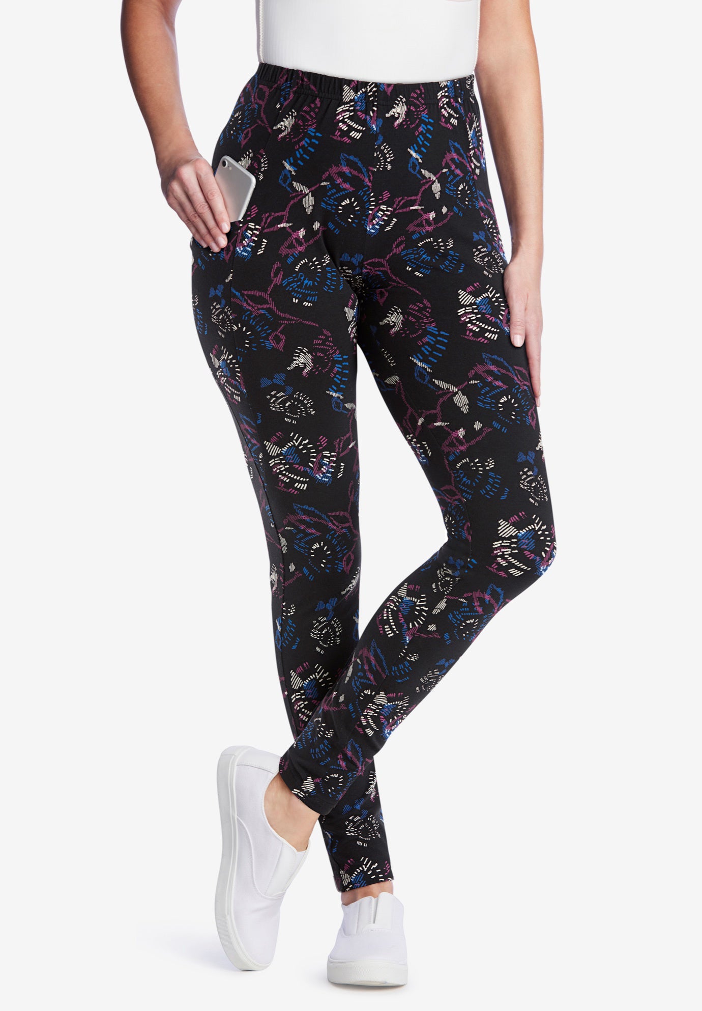 Side Pocket Ankle-Length Pull-On Stretch Knit Cotton Spandex Leggings image number 0