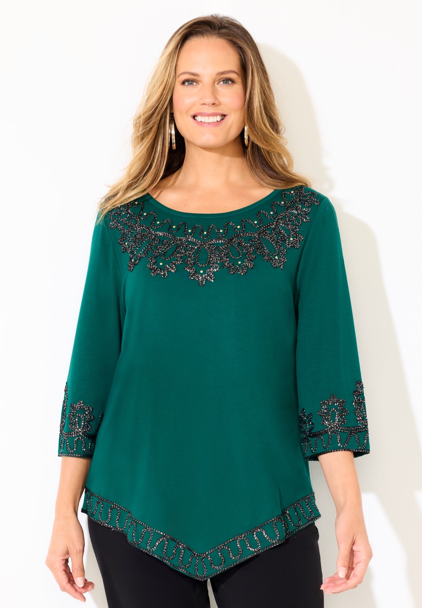 Pointed Hem Embroidered Top image number 0