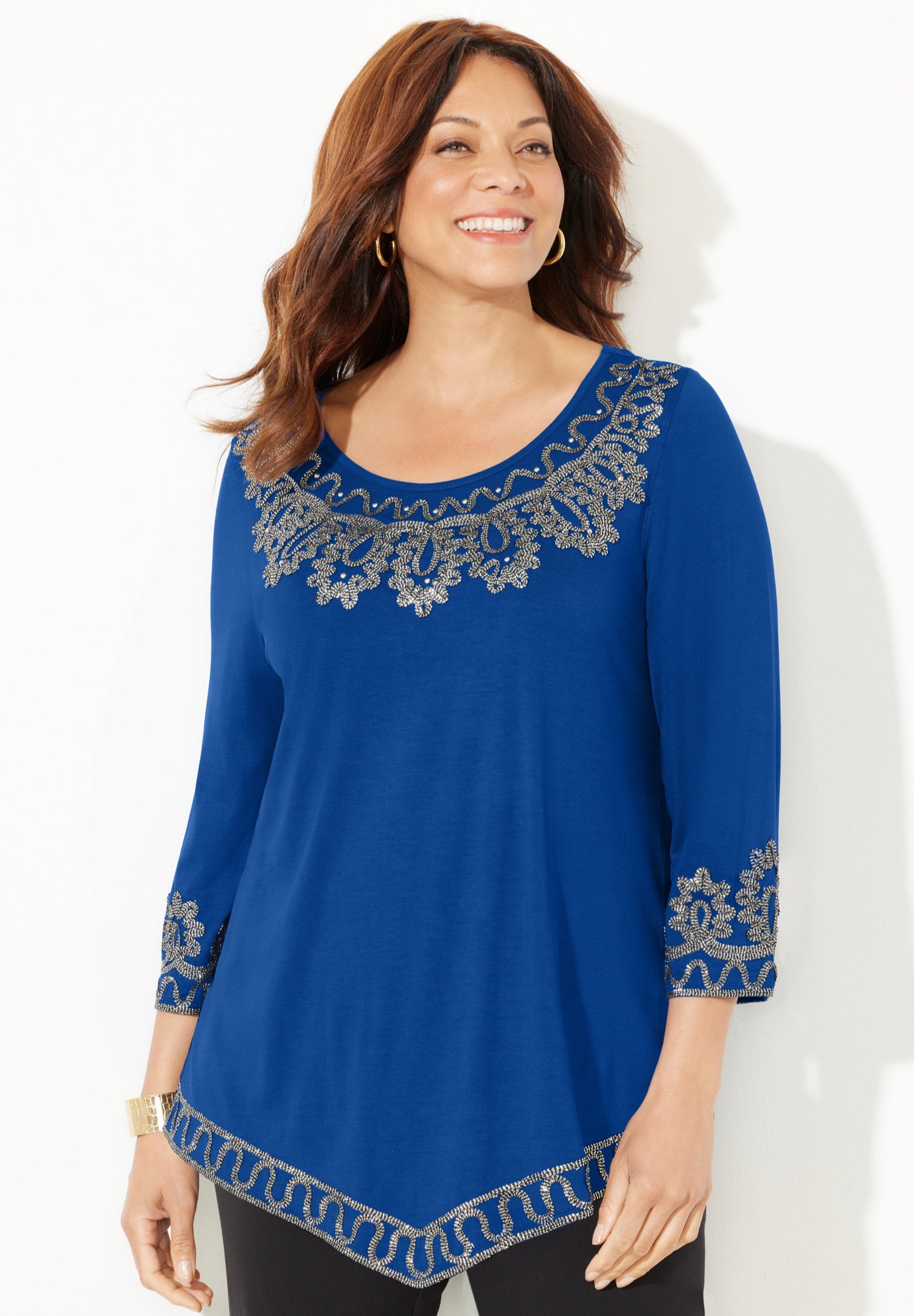 Pointed Hem Embroidered Top image number 0