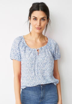 100% Cotton A-Line Peasant Blouse With Scoop Keyhole Neckline