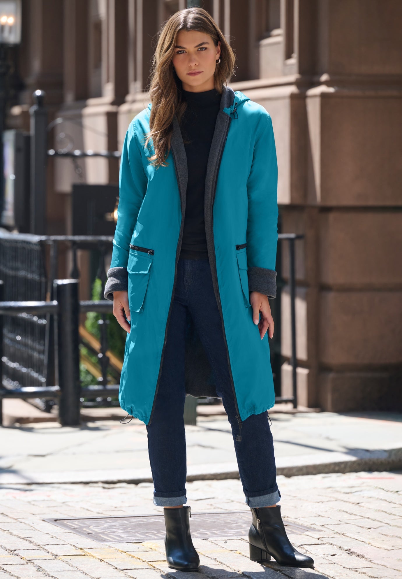 Plus Size Knee Length Hooded Nylon Jacket image number 1