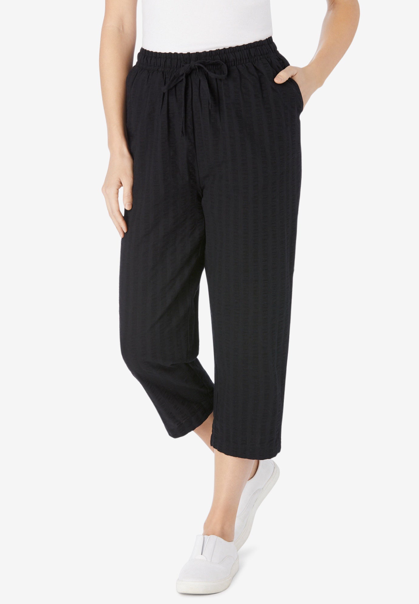 Seersucker Pull-On Elastic-Waist Capri Pants image number 0