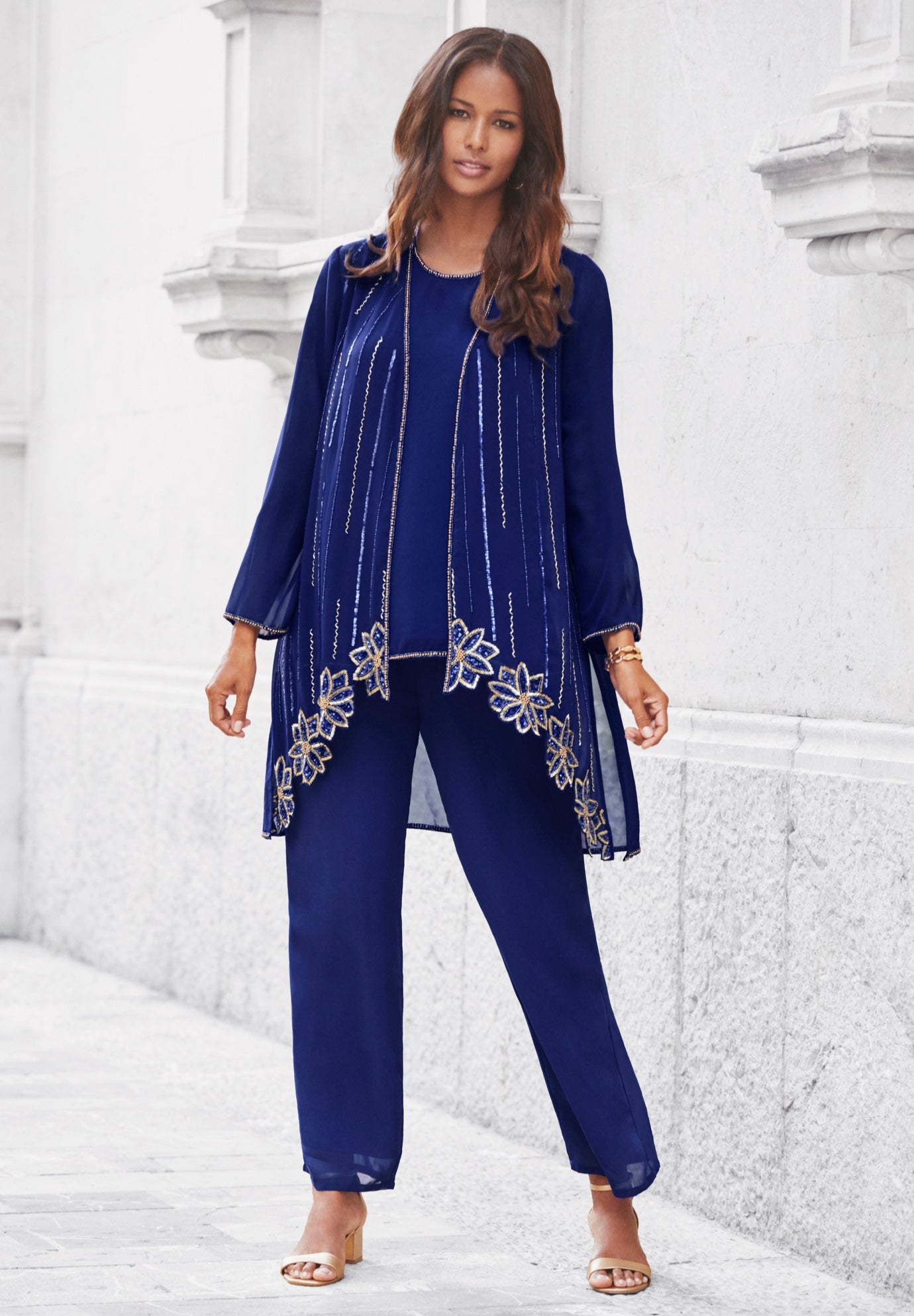 Plus-Size Long Sleeve Floral Beaded Georgette Three-Piece Pant Set image number 0