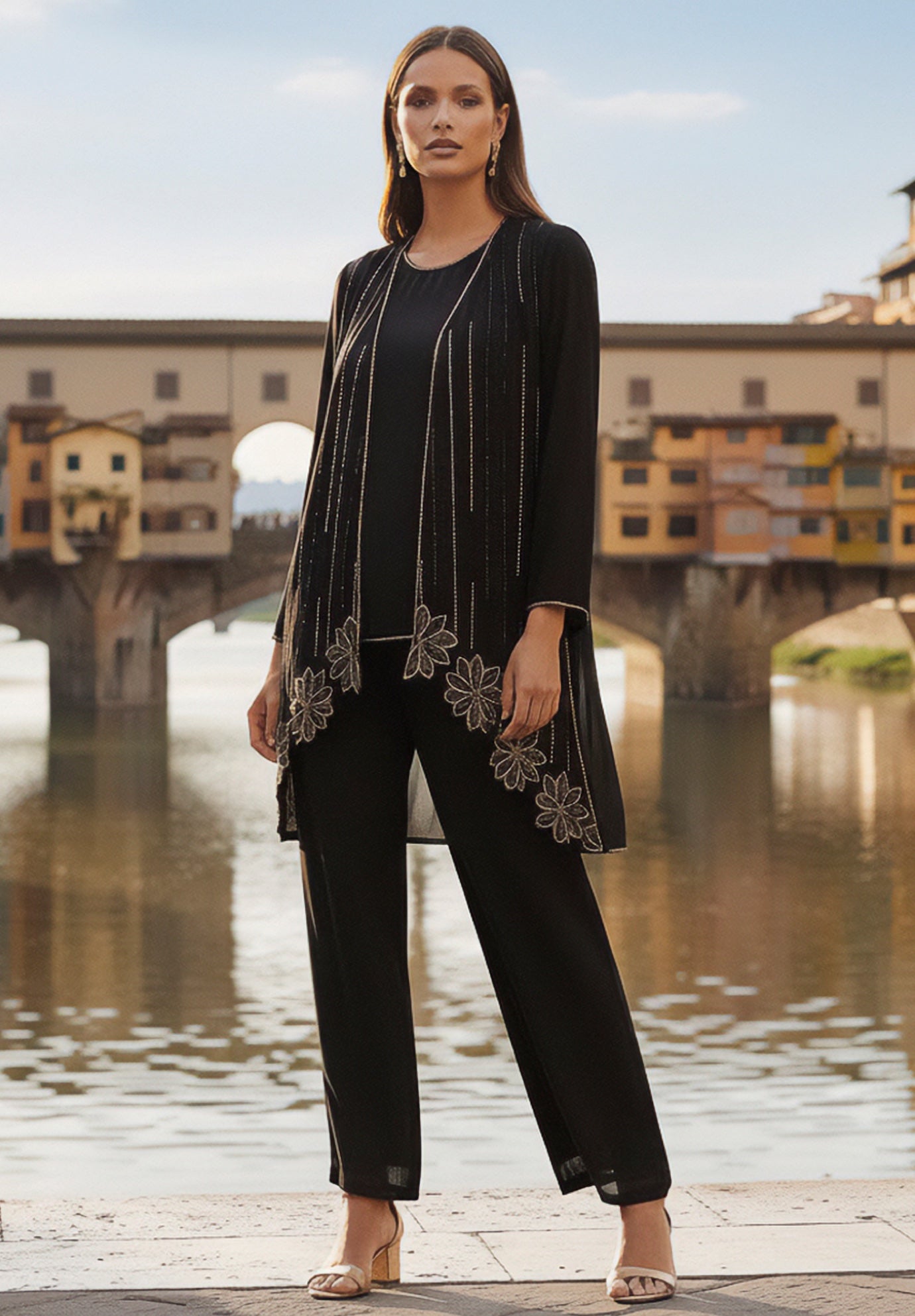 Plus-Size Long Sleeve Floral Beaded Georgette Three-Piece Pant Set image number 0