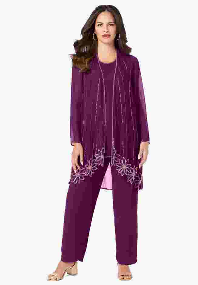 Plus-Size Long Sleeve Floral Beaded Georgette Three-Piece Pant Set image number 0