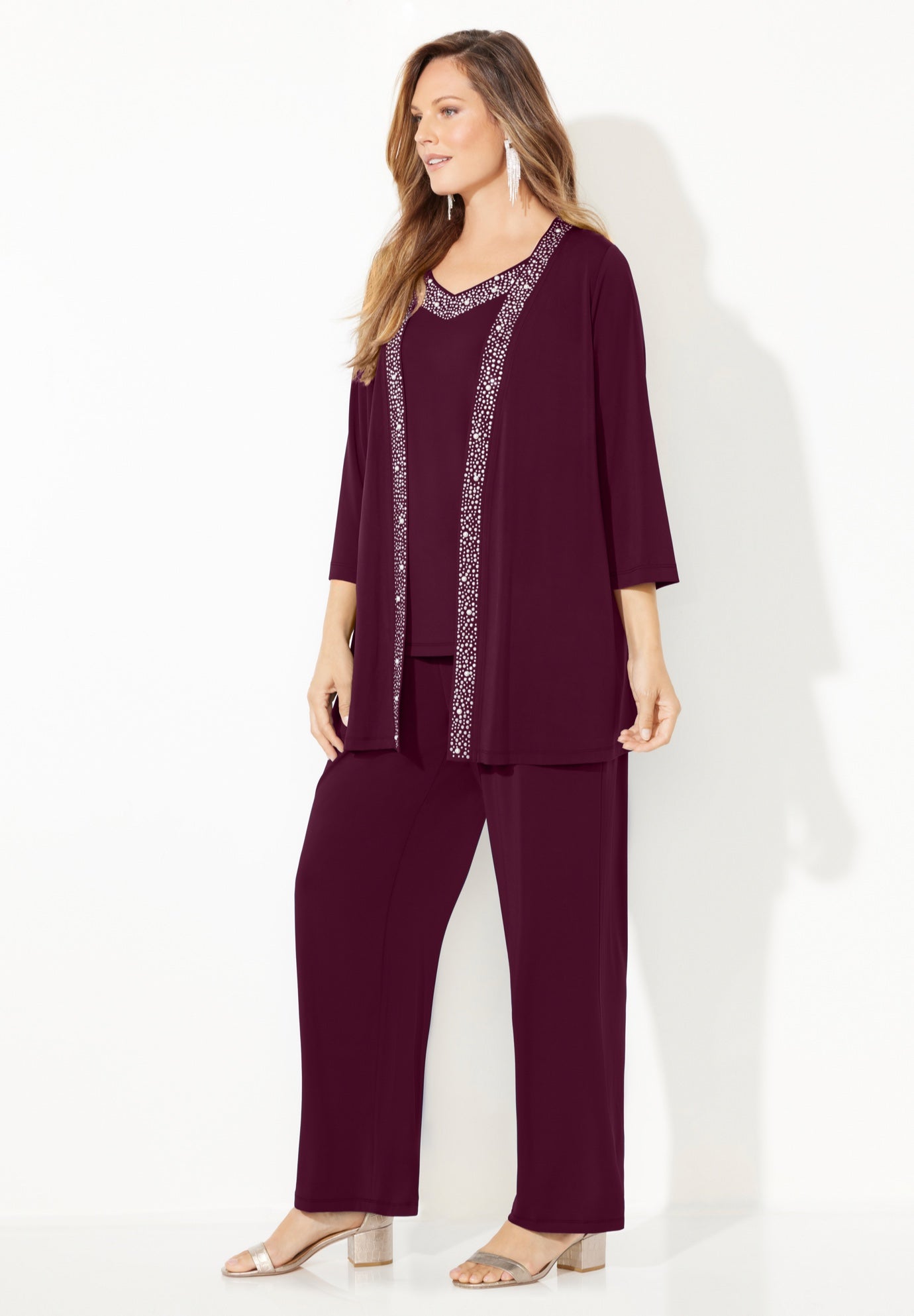 Beaded 3-Piece Cardigan Pant Set image number 2