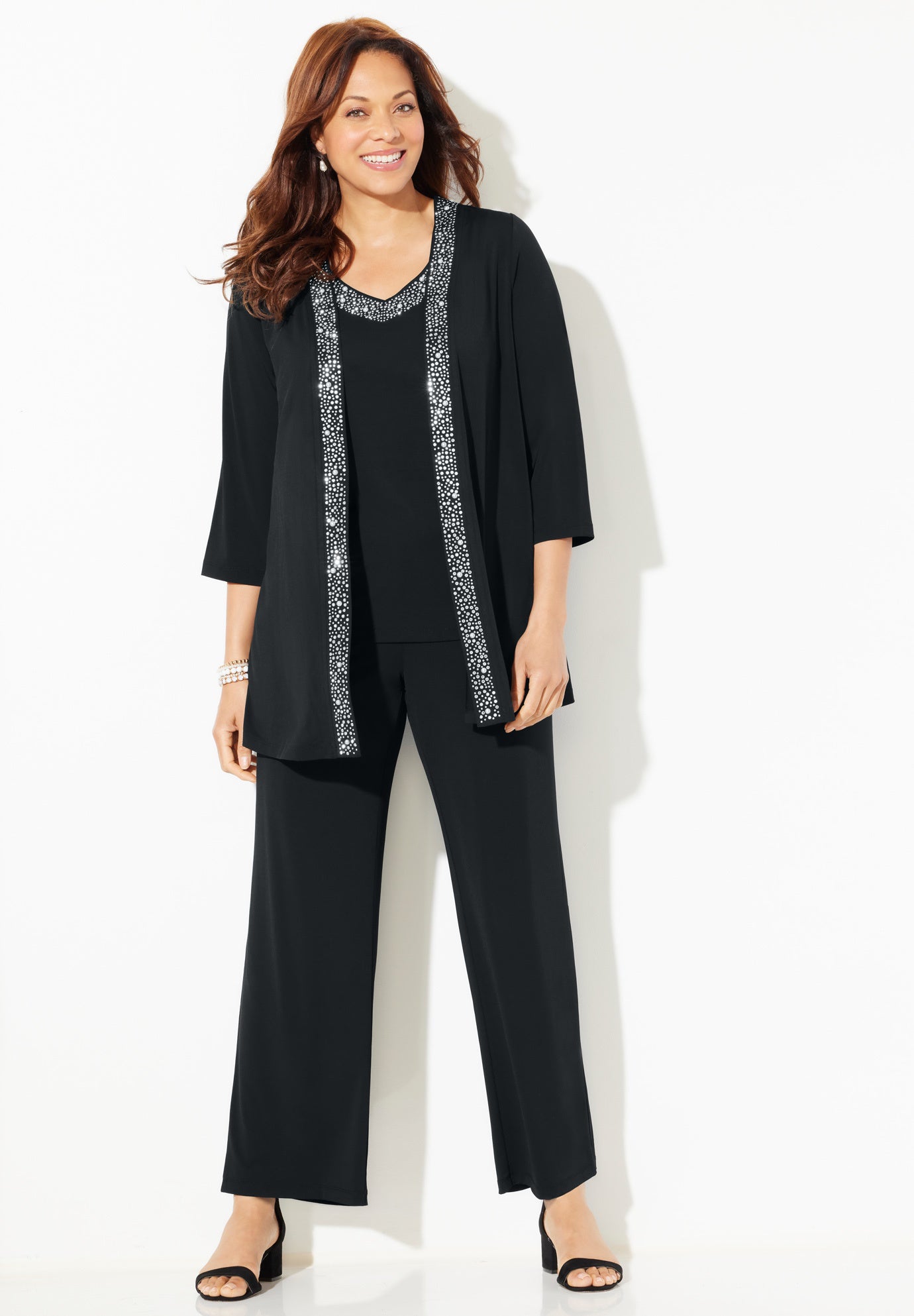 Beaded 3-Piece Cardigan Pant Set image number 0