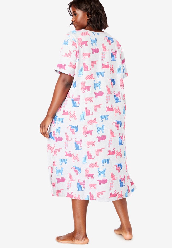 V-Neck Short Sleeve Midi Cotton Sleep Shirt image number 1