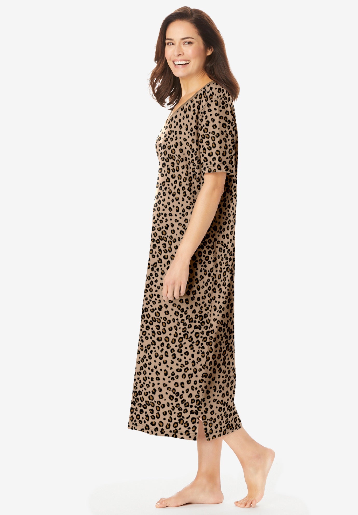 V-Neck Short Sleeve Midi Cotton Sleep Shirt image number 2