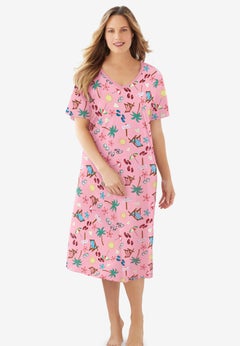 V-Neck Short Sleeve Midi Cotton Sleep Shirt