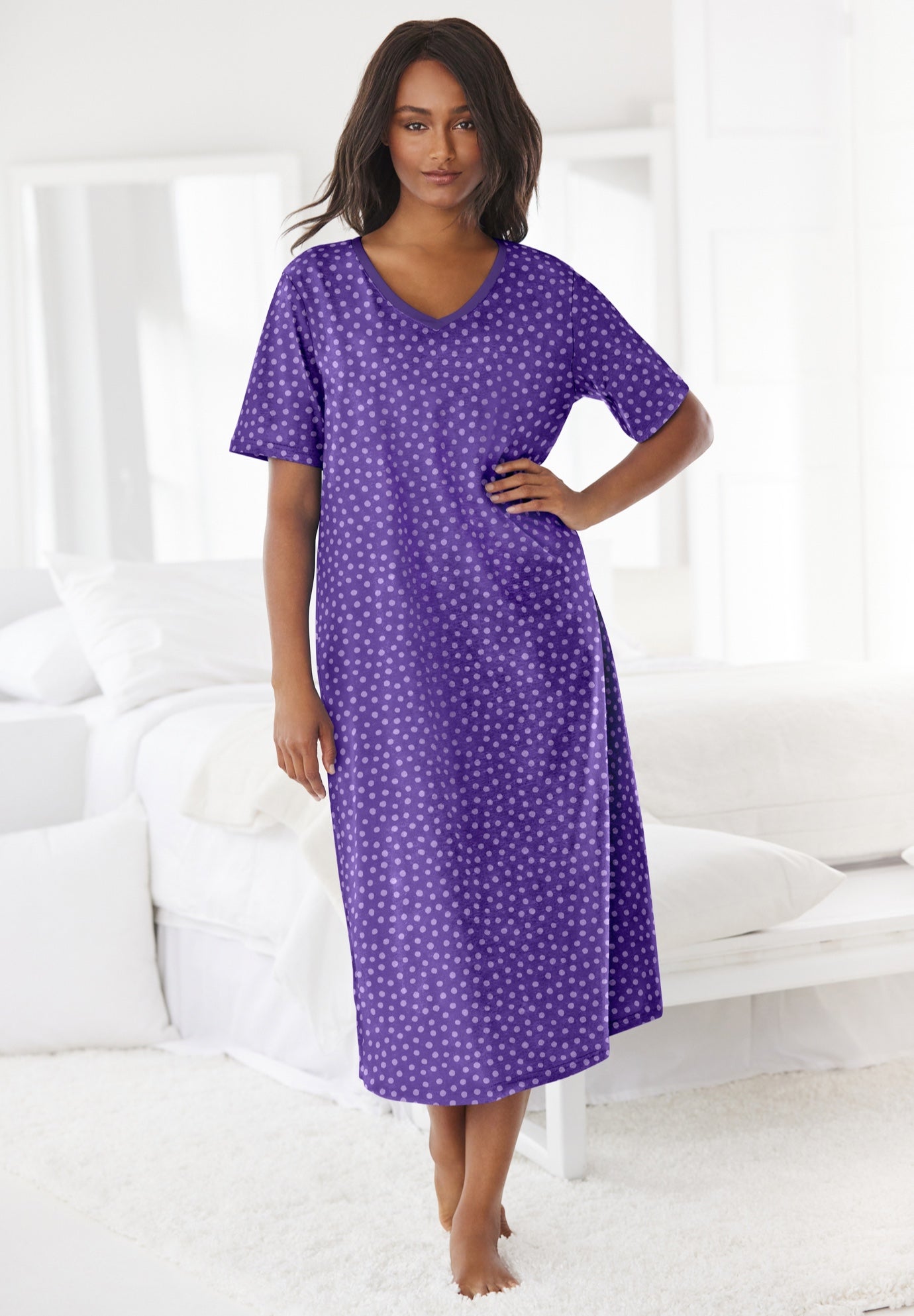 V-Neck Short Sleeve Midi Cotton Sleep Shirt image number 0
