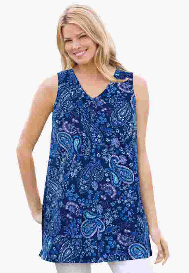 Perfect Printed Sleeveless Shirred V-Neck Tunic image number 0