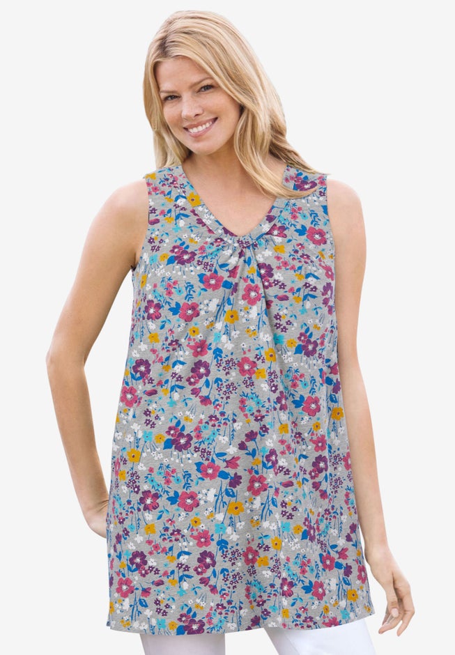 Perfect Printed Sleeveless Shirred V-Neck Tunic image number 0