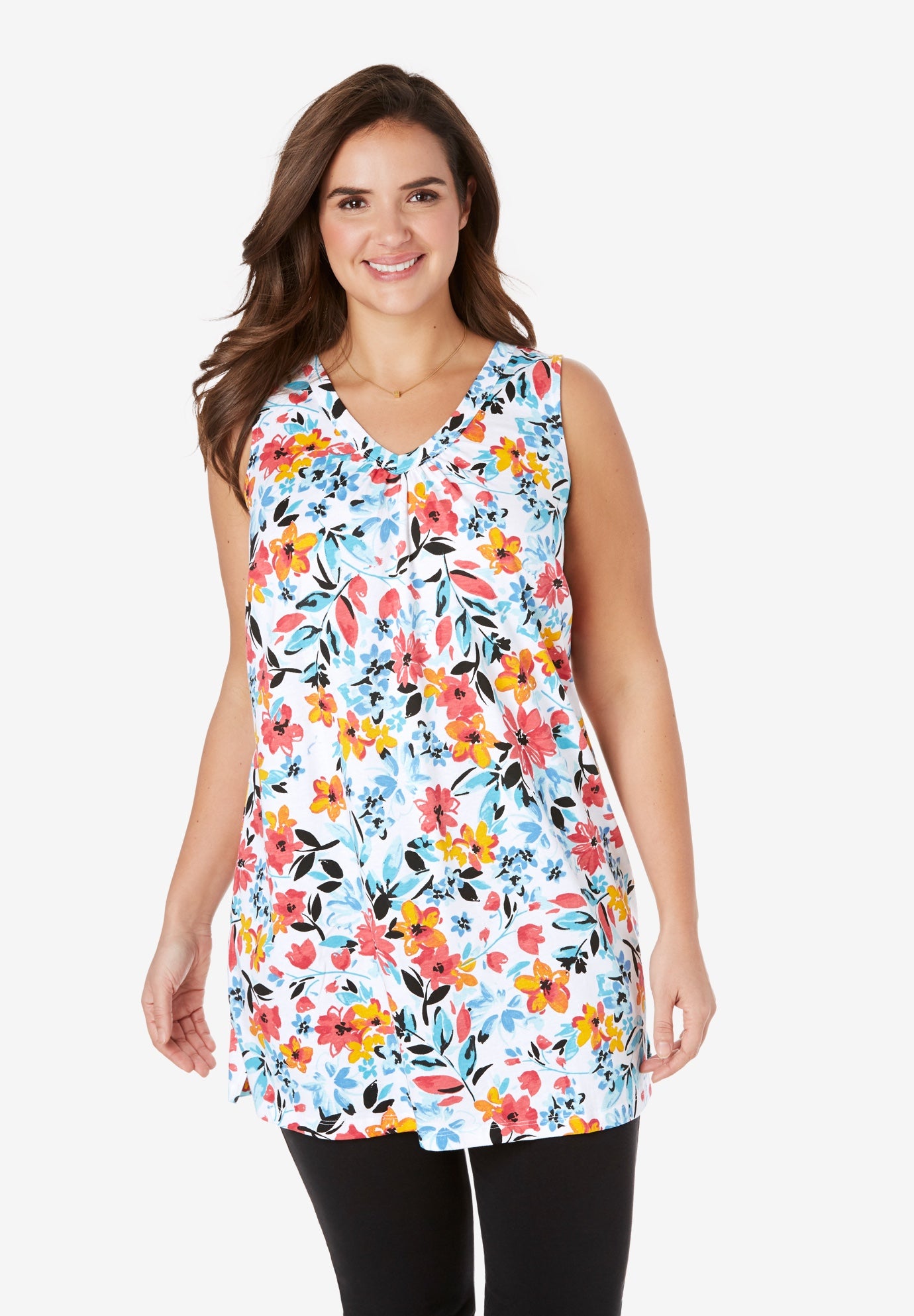 Perfect Printed Sleeveless Shirred V-Neck Tunic image number 0
