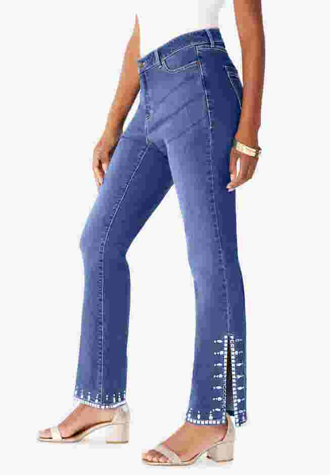 Plus Size Invisible Stretch® Rhinestone-Detail Split Flare-Leg Jean image number 2