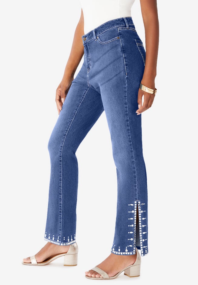 Plus Size Invisible Stretch® Rhinestone-Detail Split Flare-Leg Jean image number 2