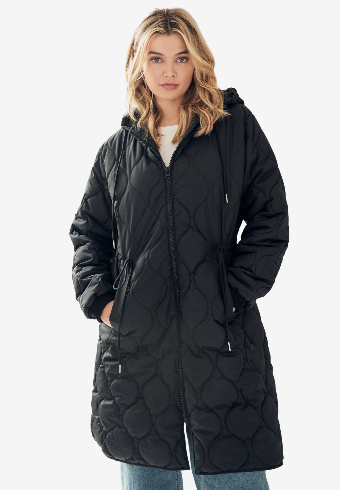 Long Quilted Jacket With Drawstring Waist image number 0