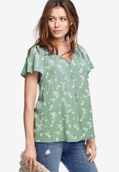 Crepe Keyhole Scoopneck Flutter Sleeve Blouse