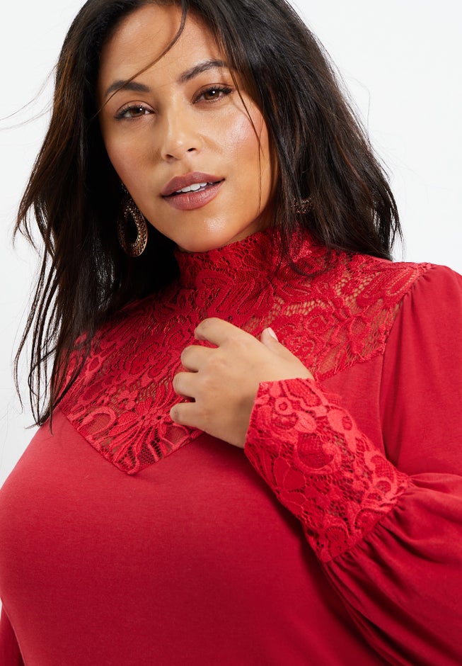 Lace Yoke Mockneck Top image number 3