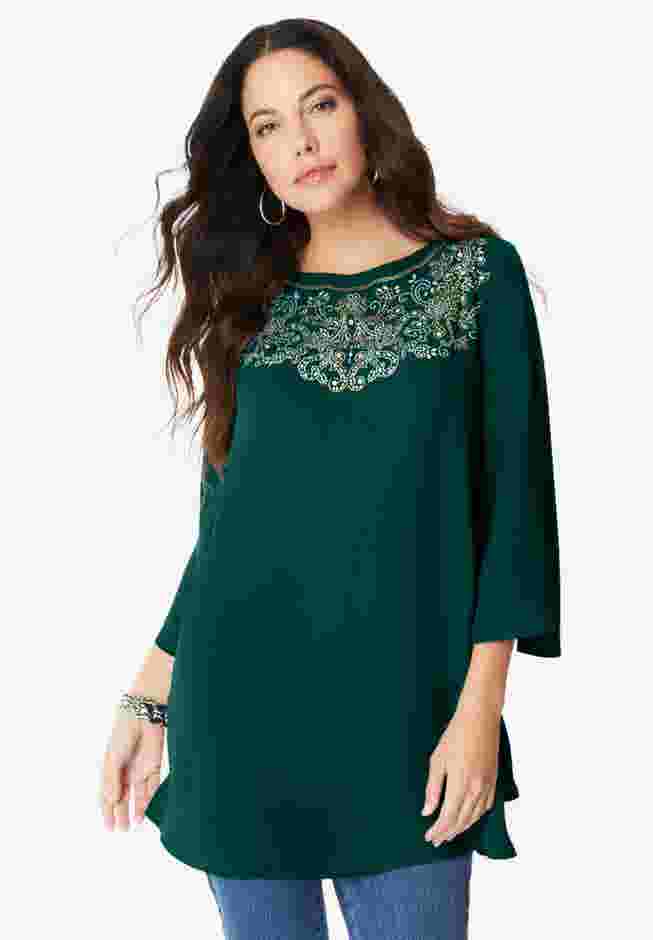 Flare-Sleeve Embellished Georgette Top image number 0