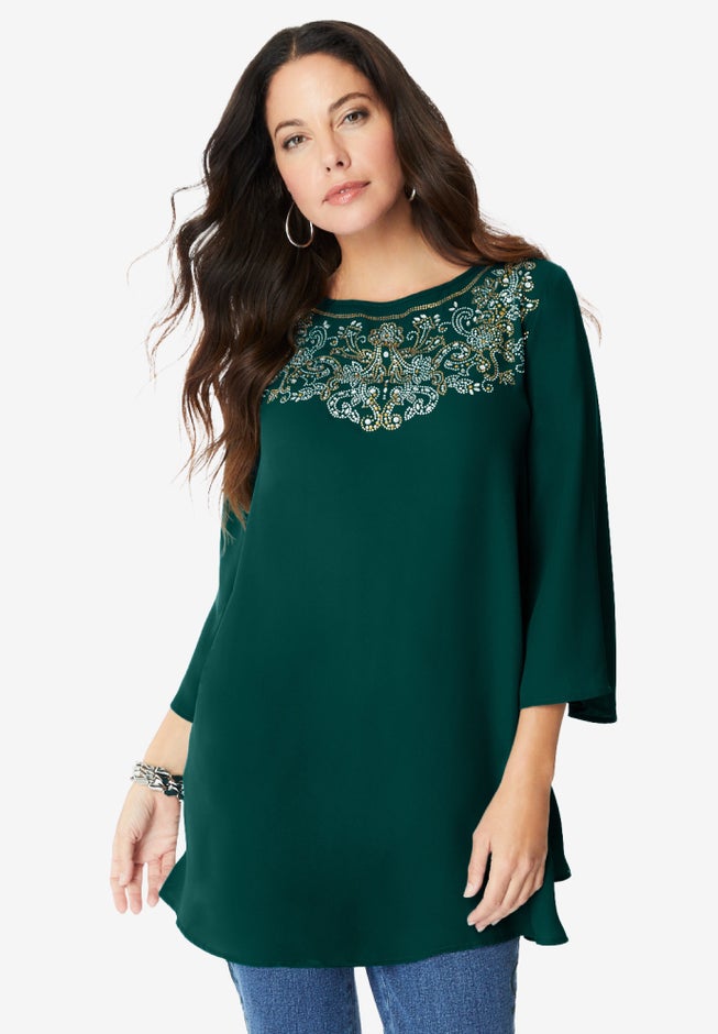 Flare-Sleeve Embellished Georgette Top image number 0
