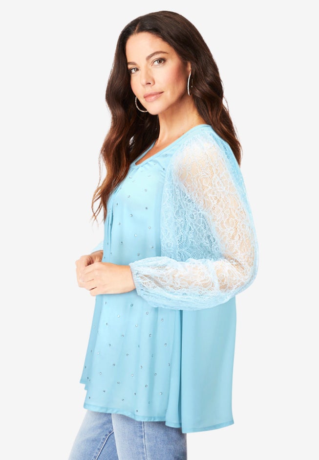 Lace and Georgette Rhinestone Top. image number 2