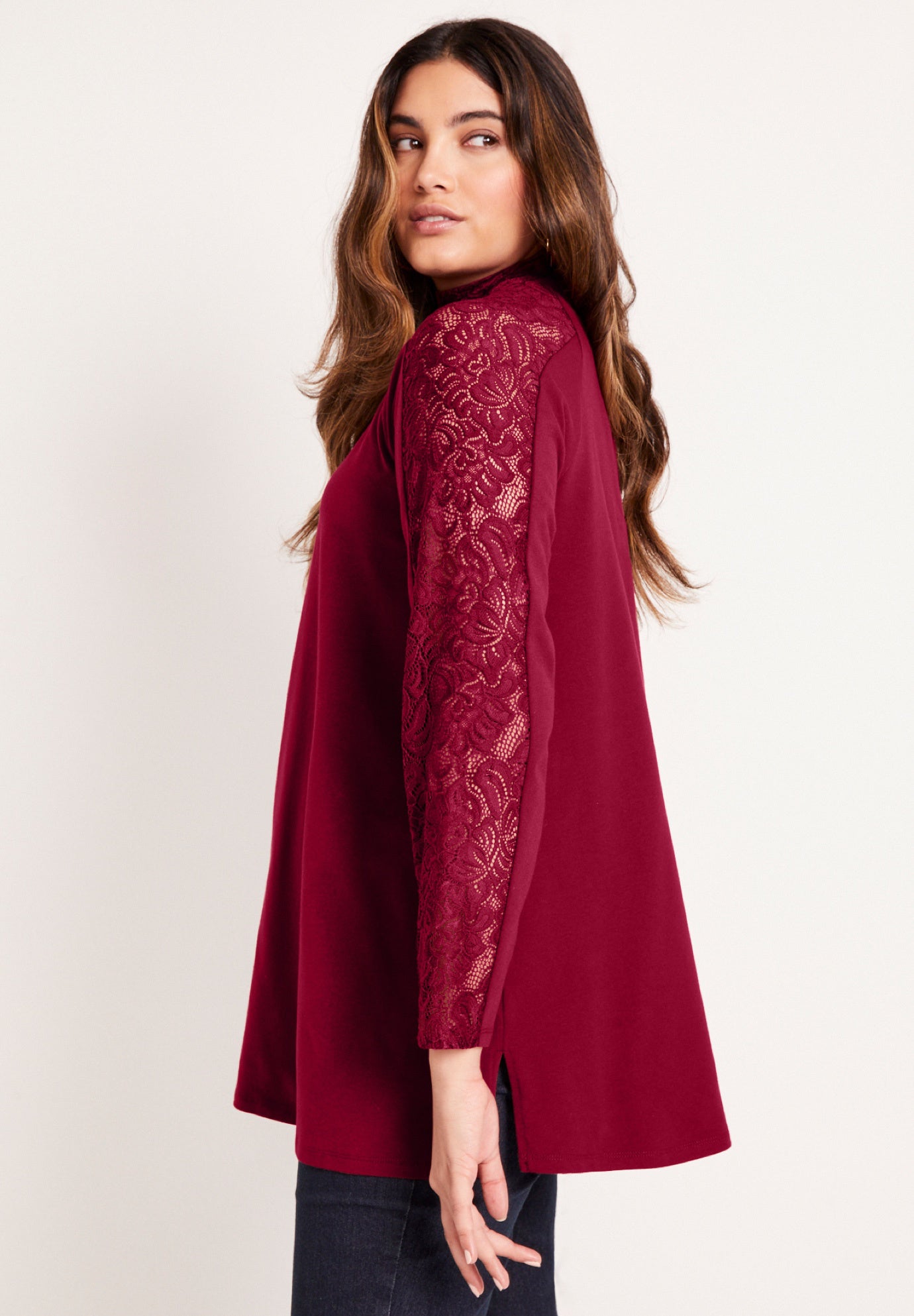 Lace-Sleeve Mockneck Tee image number 2