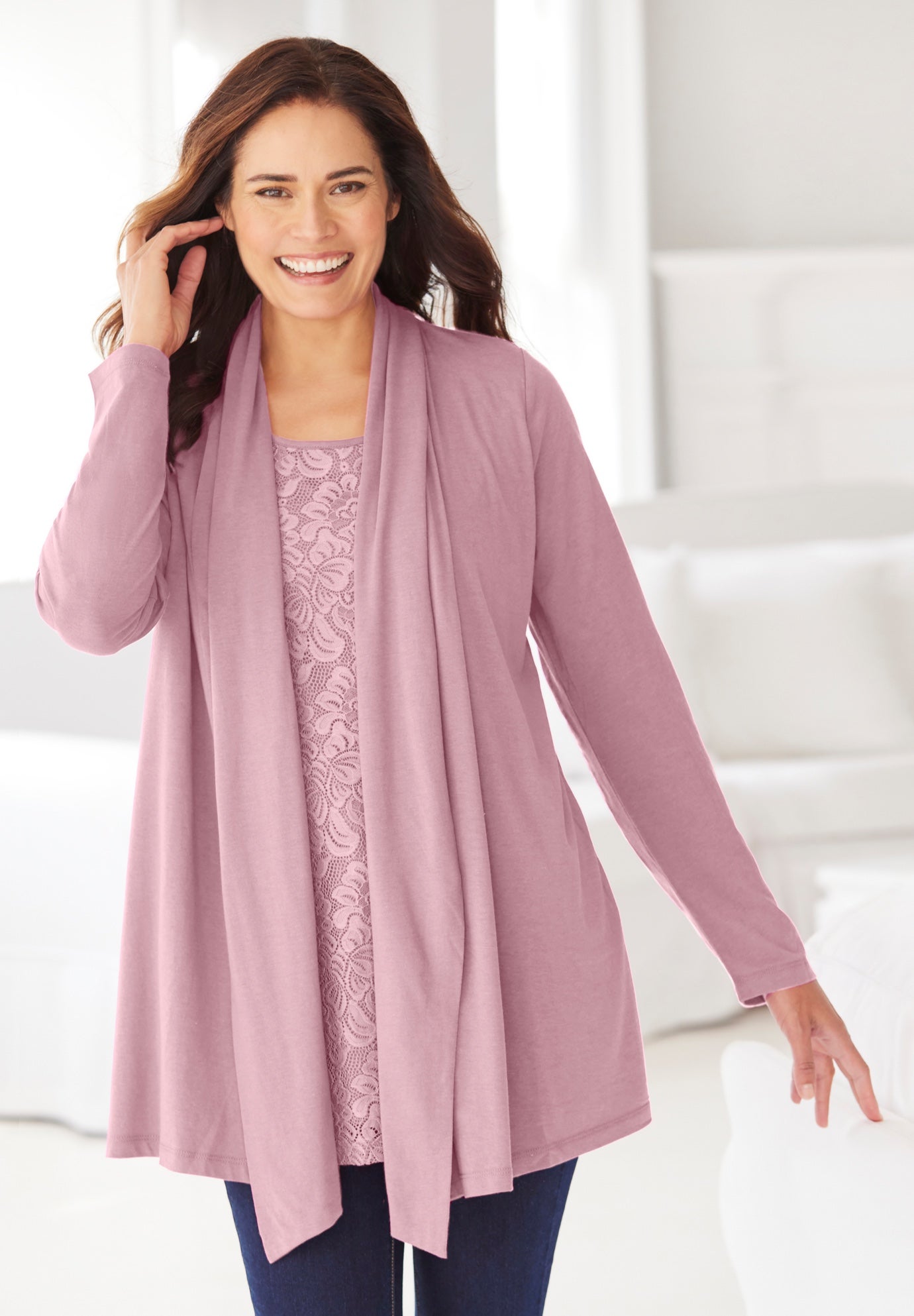 2-Fer Cardigan & Attached Lace Tunic image number 0