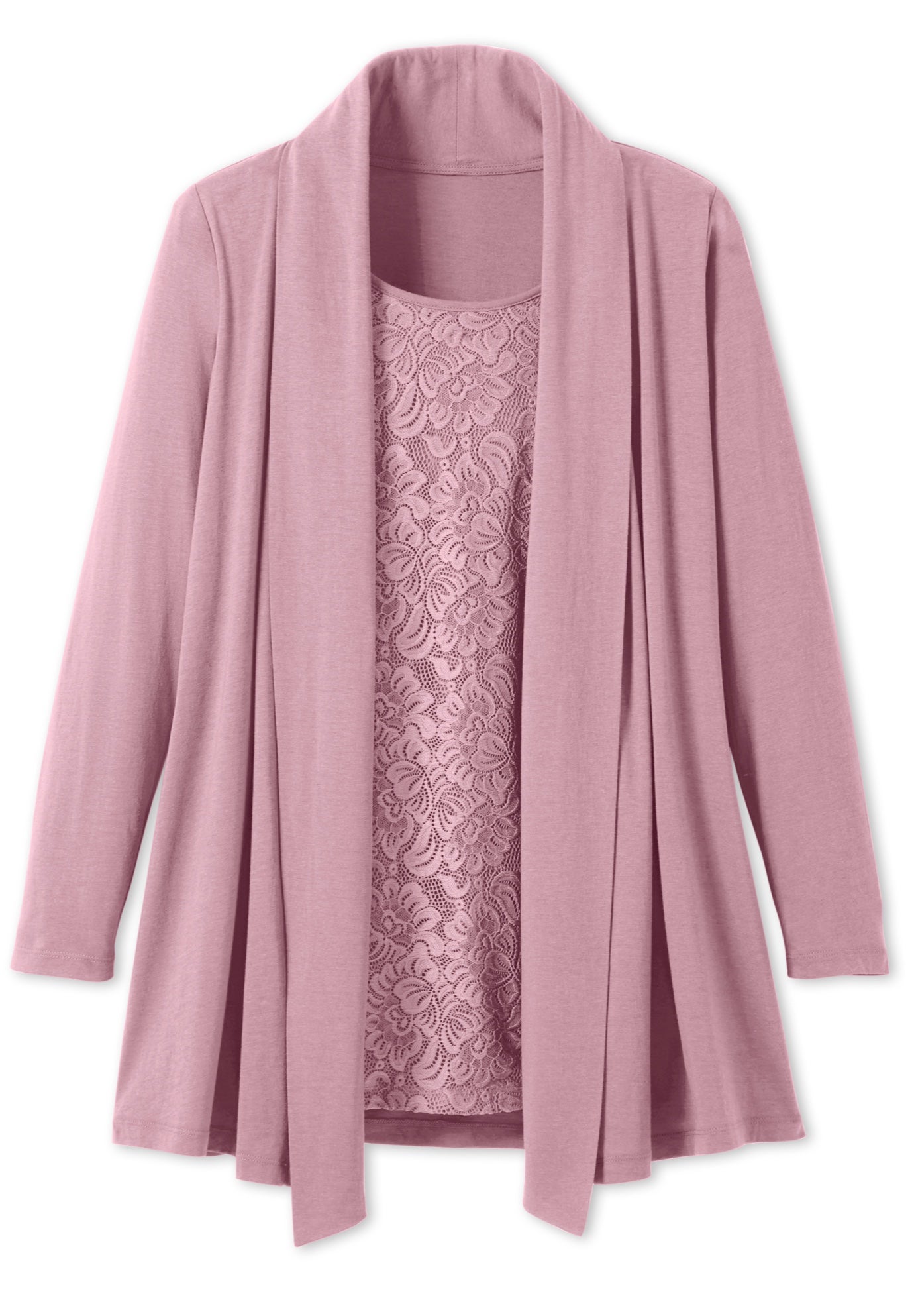 2-Fer Cardigan & Attached Lace Tunic image number 1