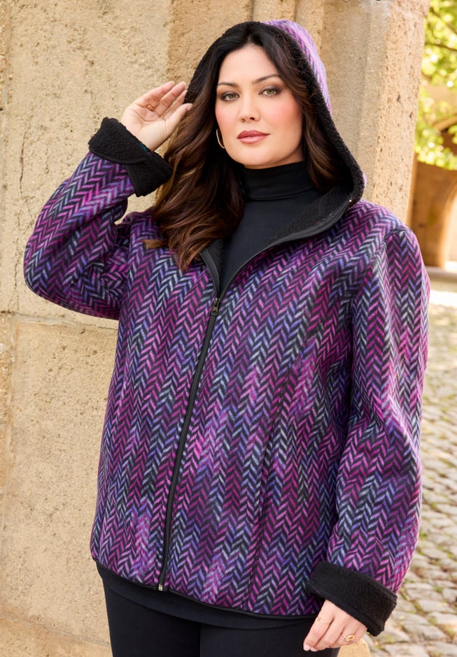 Printed Fleece Coat with Sherpa Lining image number 2