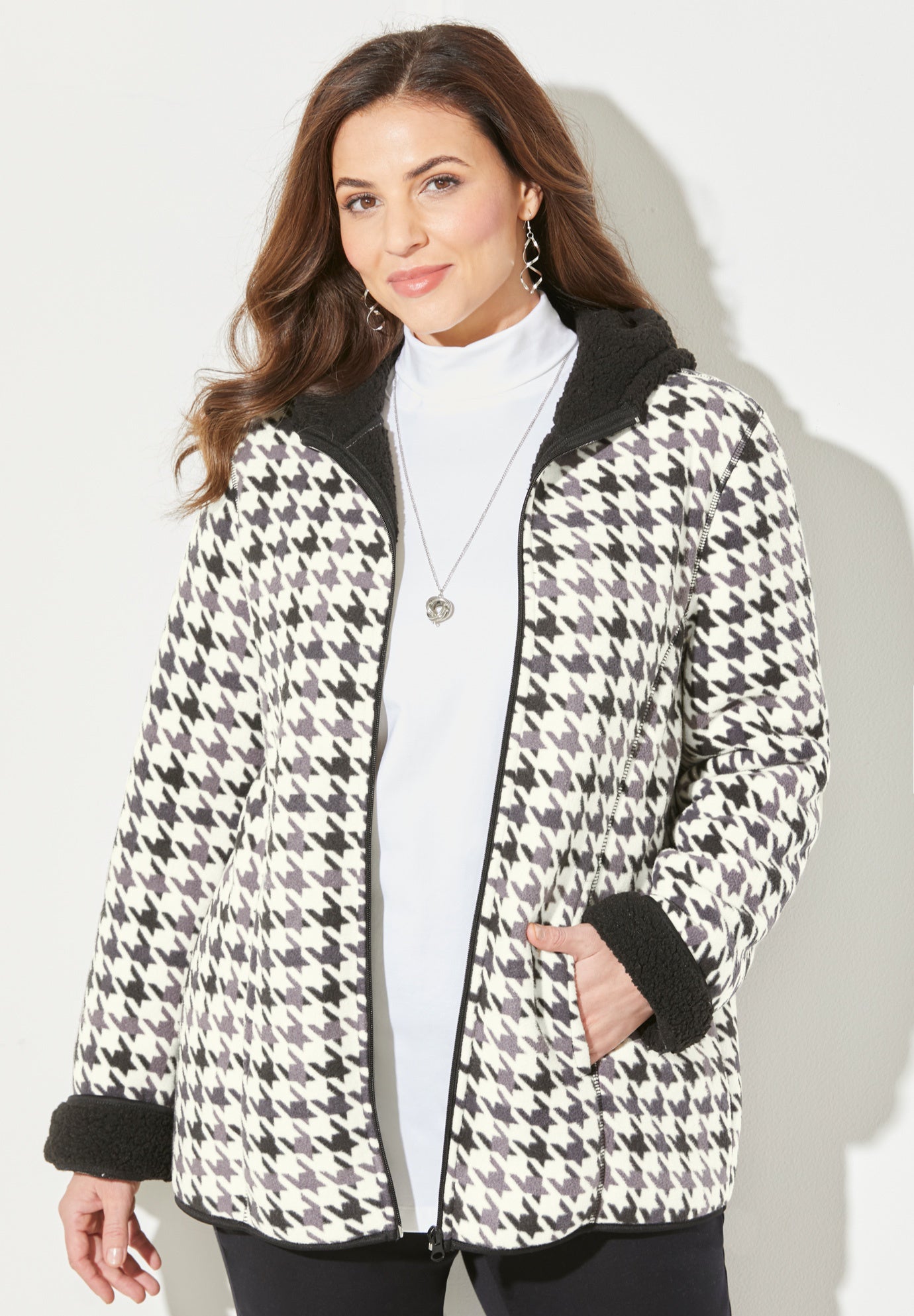 Printed Fleece Coat with Sherpa Lining image number 0