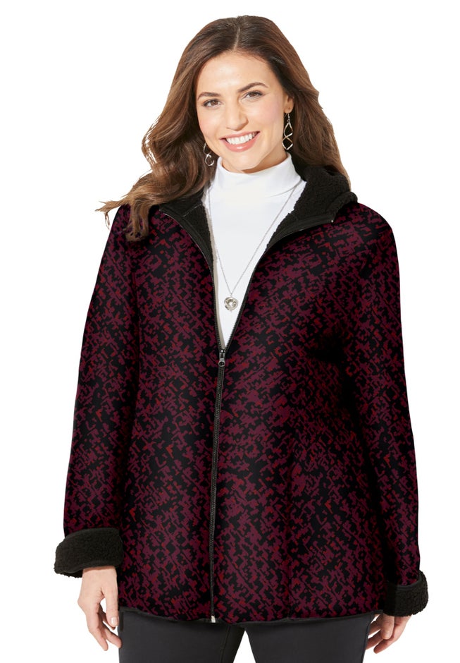 Printed Fleece Coat with Sherpa Lining image number 0