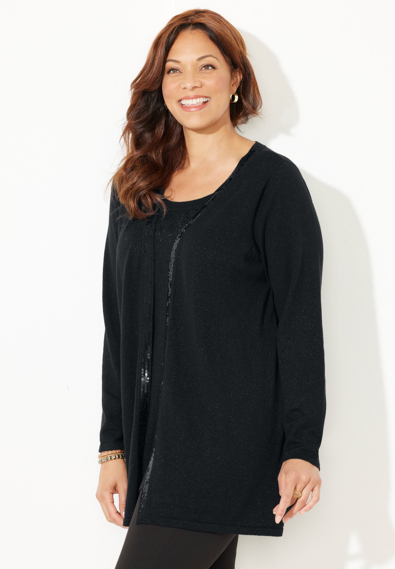 Sequin Trim Tank Cardigan Duet image number 2