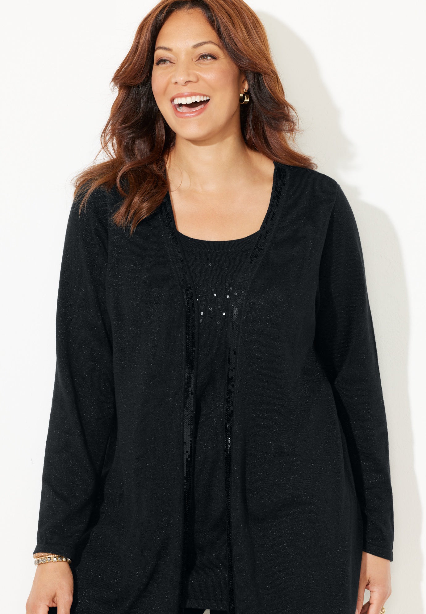 Sequin Trim Tank Cardigan Duet image number 3