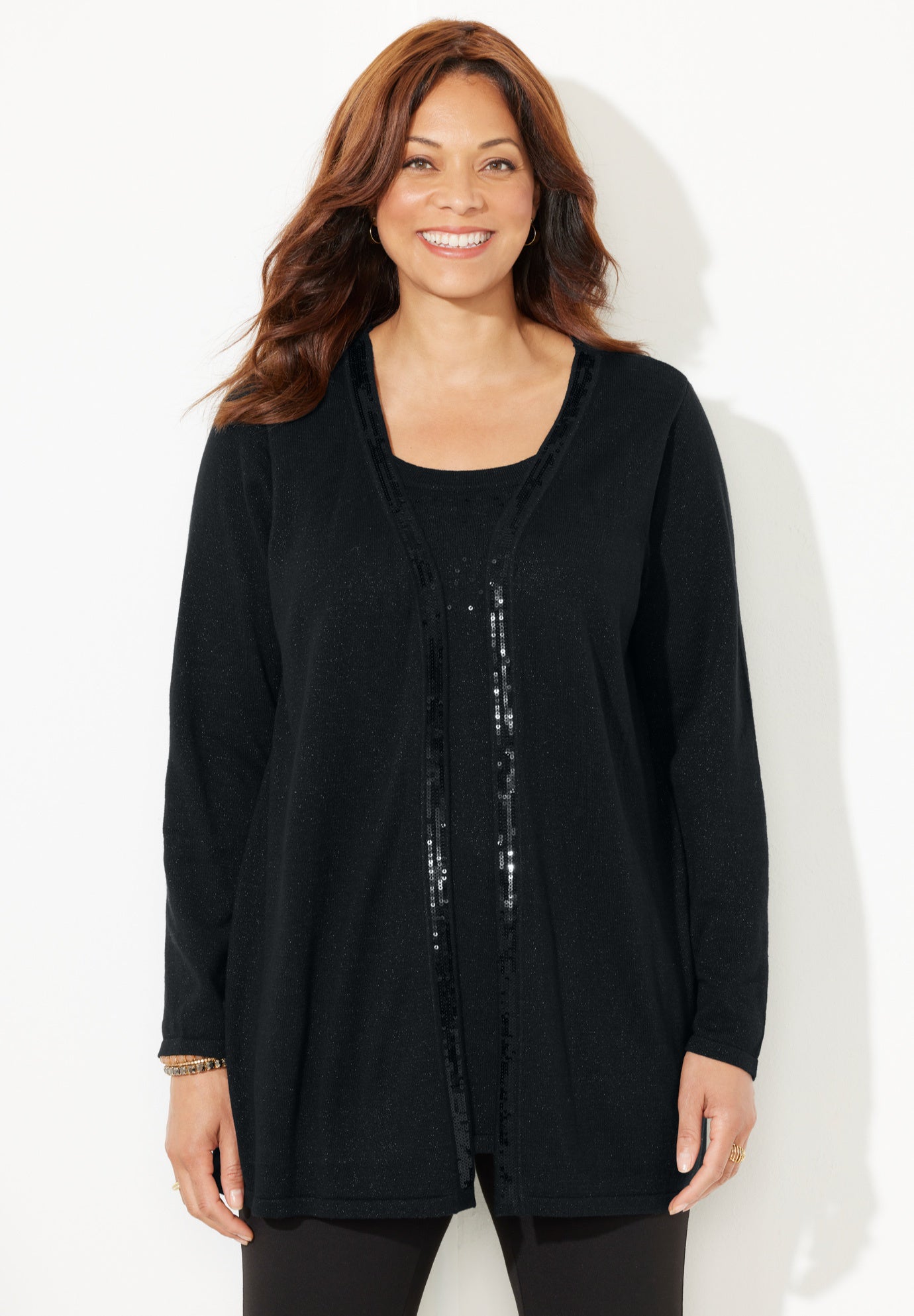 Sequin Trim Tank Cardigan Duet image number 0