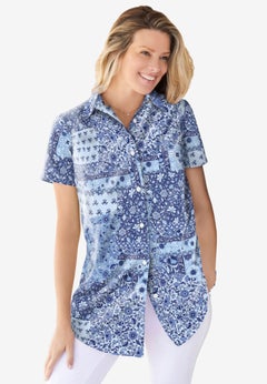 Perfect Short-Sleeve Collared Button Down Tunic