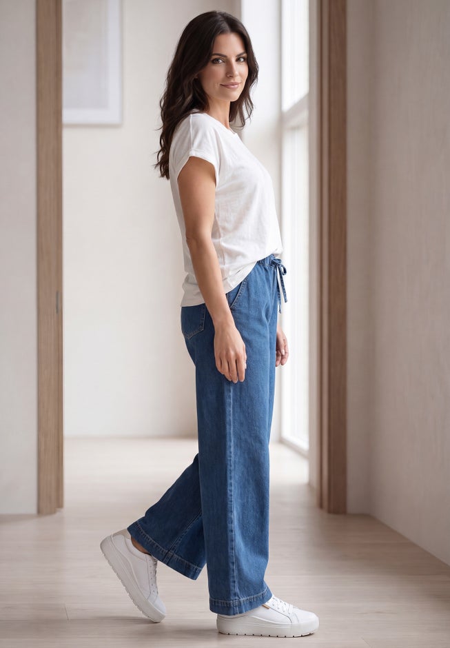 Elastic Waist With Drawstring Wide Leg Jeans image number 2