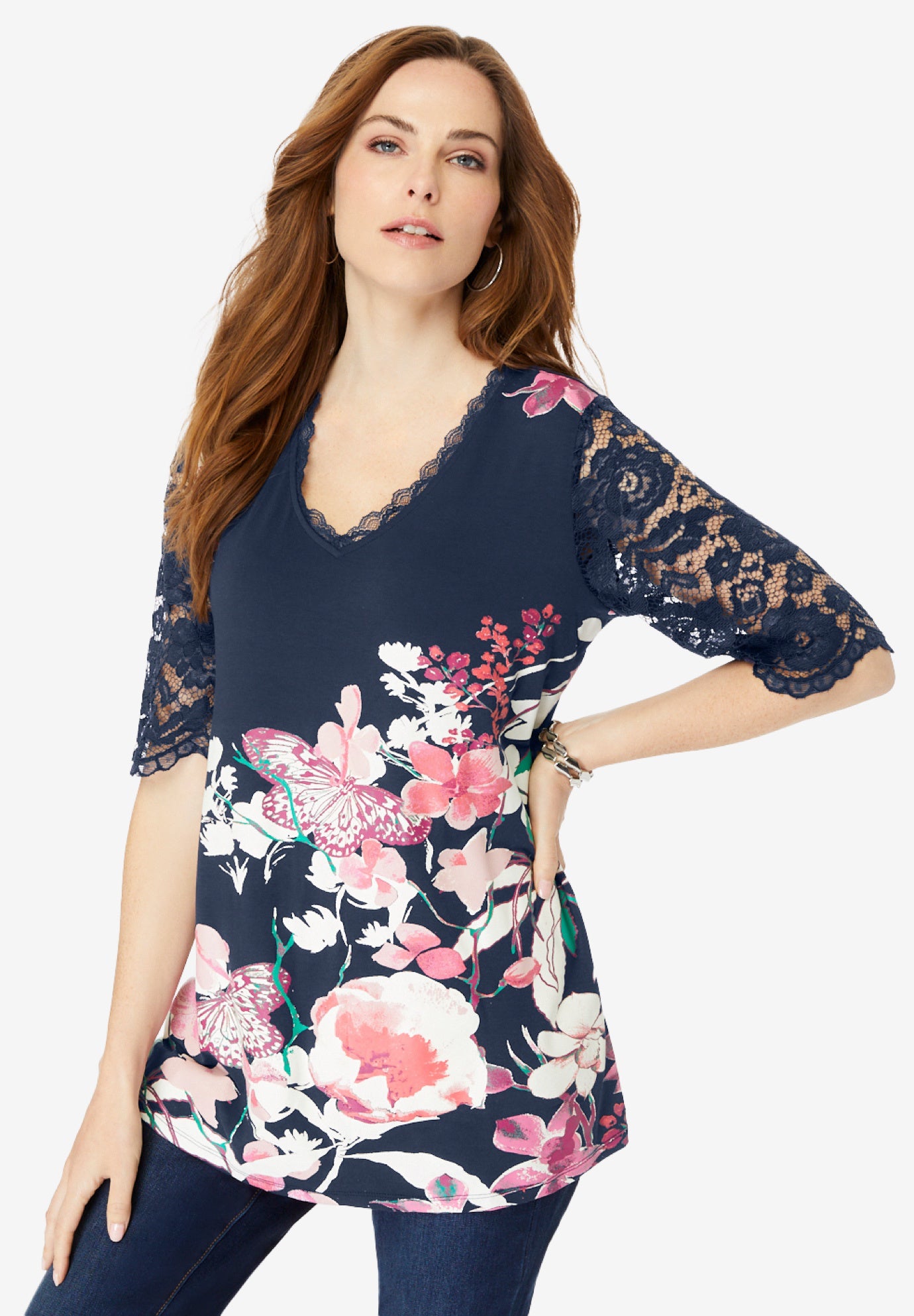 Plus Size Lace Sleeve Printed Tee image number 0