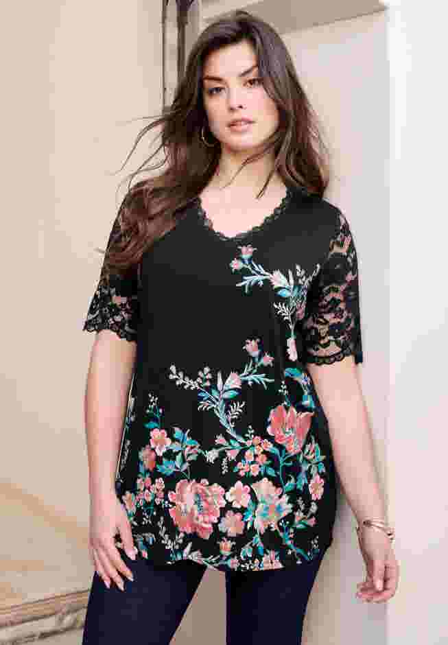 Ultra Drape V Neck Lace Print Tee image number 0