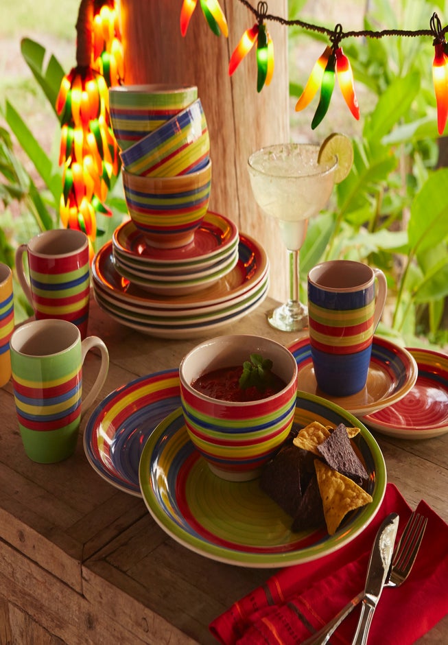 Santa Fe Hand-Painted Striped Stoneware Dinnerware Set image number 1