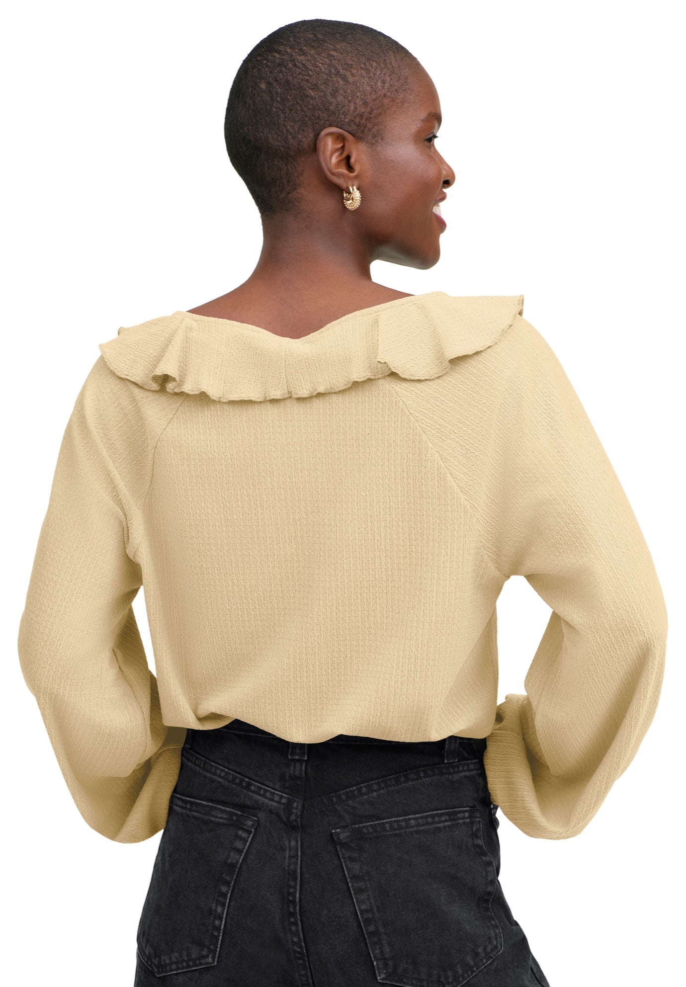 Stretch Crepe Knit V-neck Ruffle-Front Long Sleeve Top image number 1