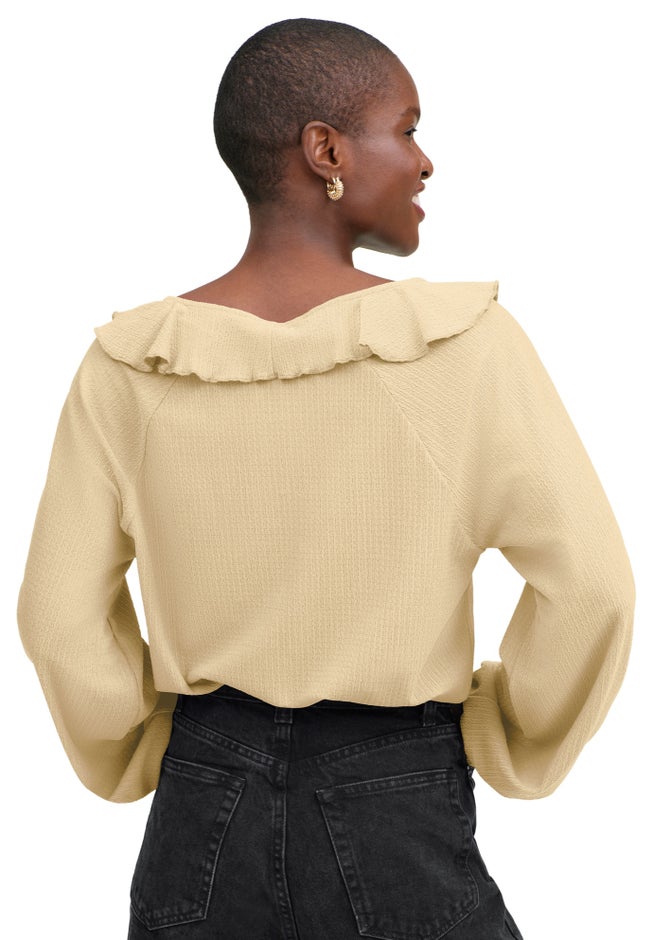 Stretch Crepe Knit V-neck Ruffle-Front Long Sleeve Top image number 1