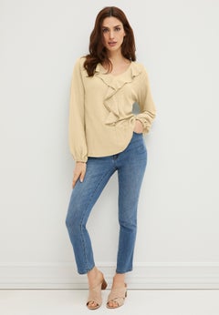 Stretch Crepe Knit V-neck Ruffle-Front Long Sleeve Top
