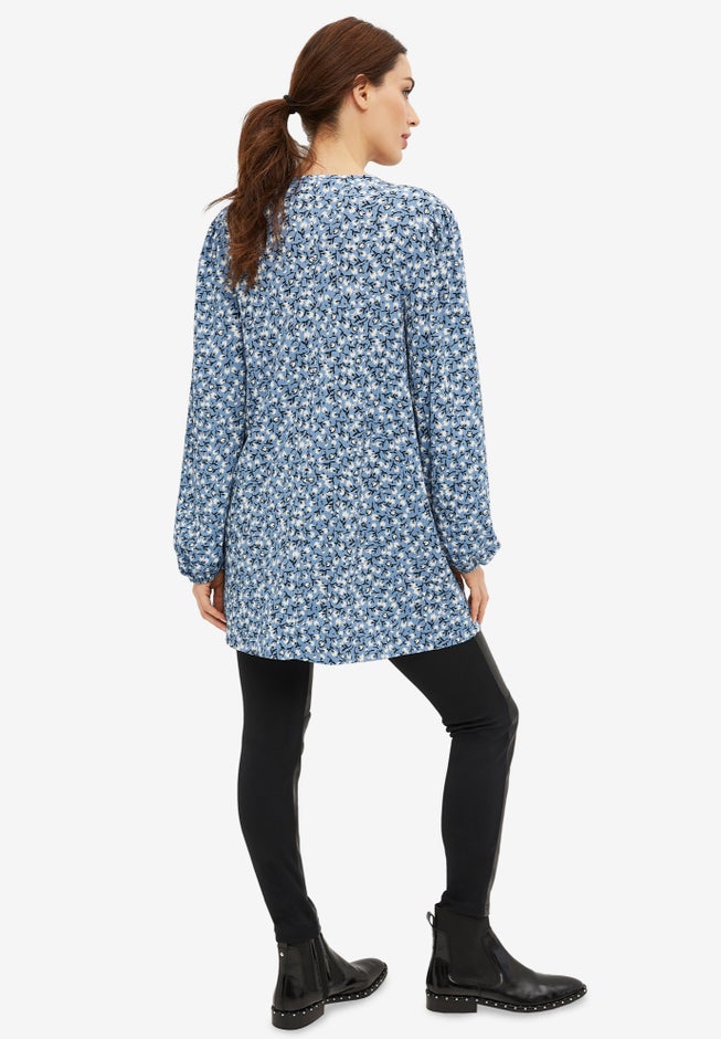 Inverted Pleat Textured Knit Tunic With Blouson Sleeves image number 1