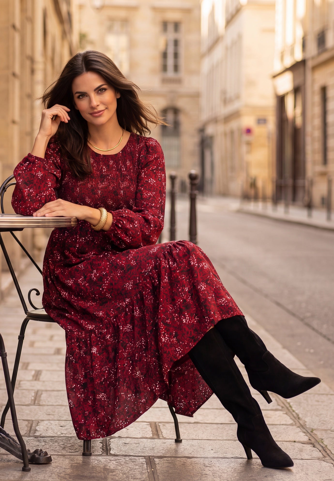 Smocked Bodice Scoopneck Long Sleeve Tiered Midi Dress image number 0