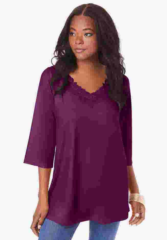 Lace V Neck Ultrasmooth® Fabric Top image number 0