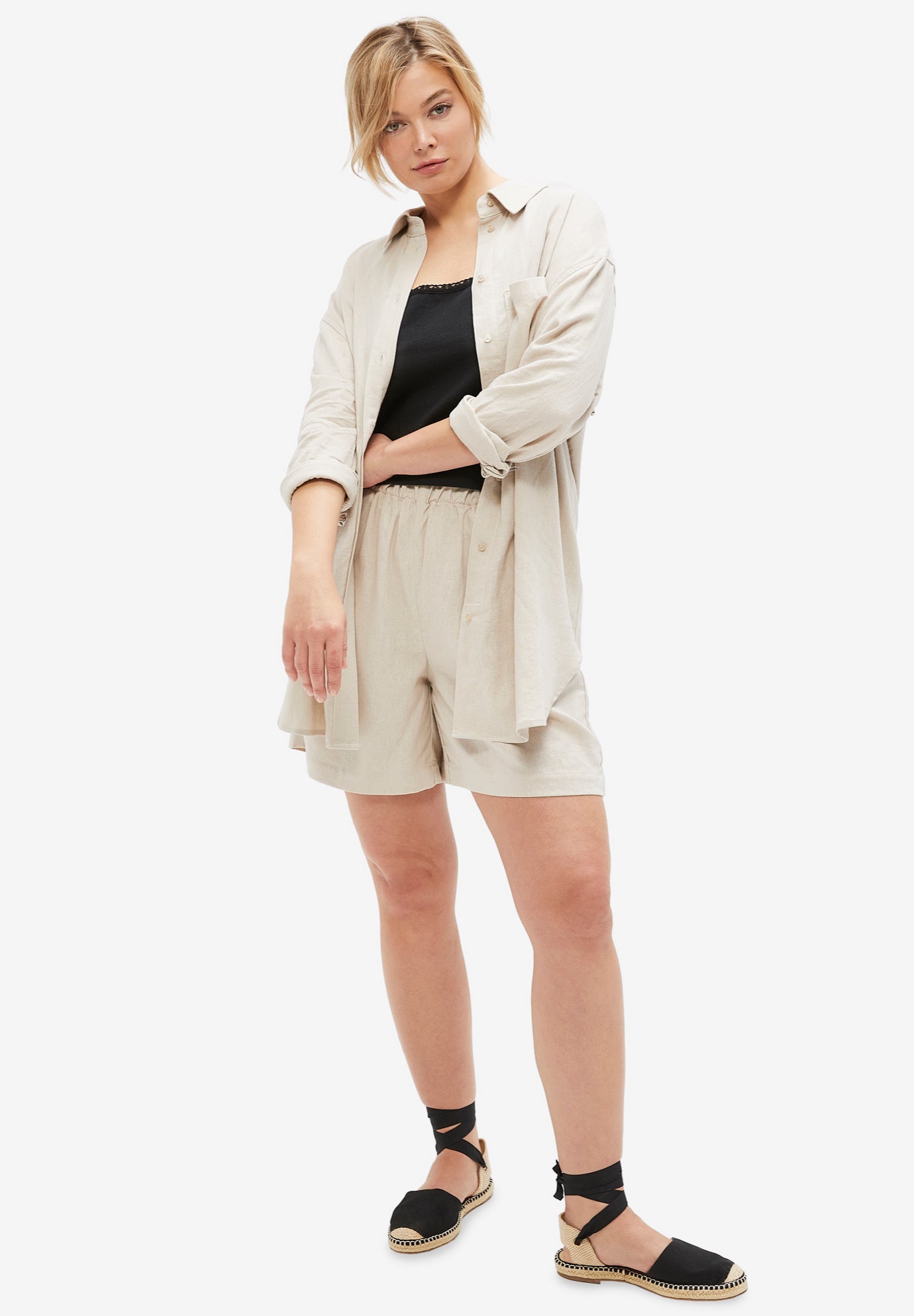 Linen-Blend Elastic Waist Shorts image number 0