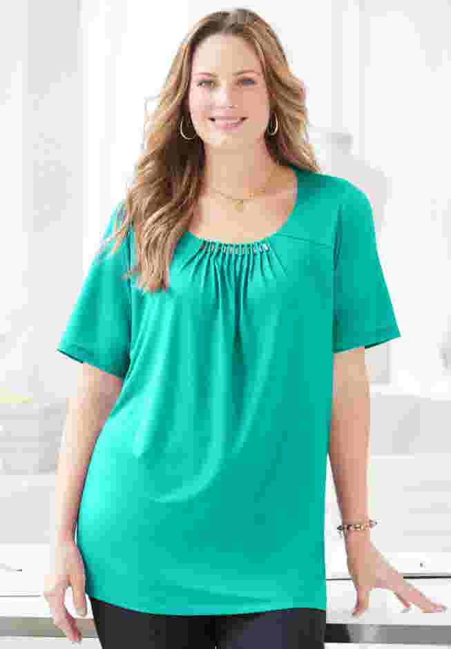 Jeweled Neck Pintuck Top image number 0