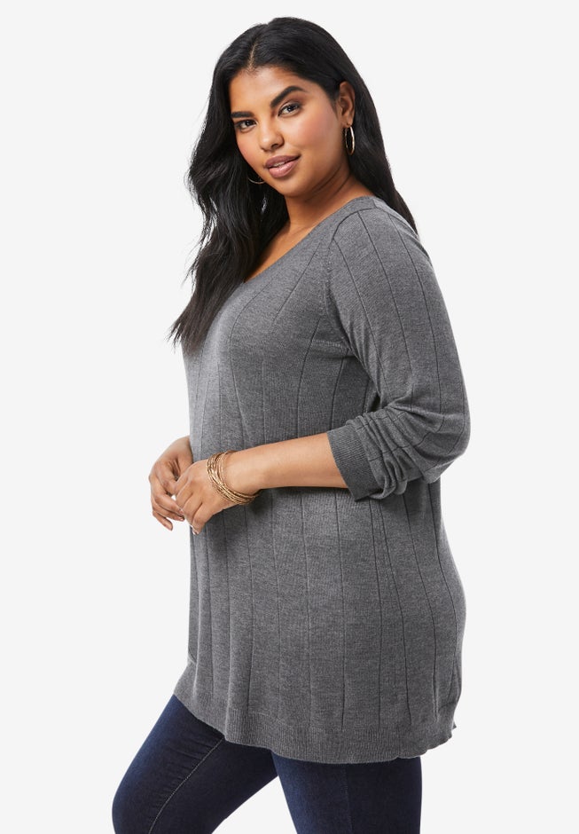 Plus Size Drop Needle V-Neck Lightweight Sweater Knit image number 3